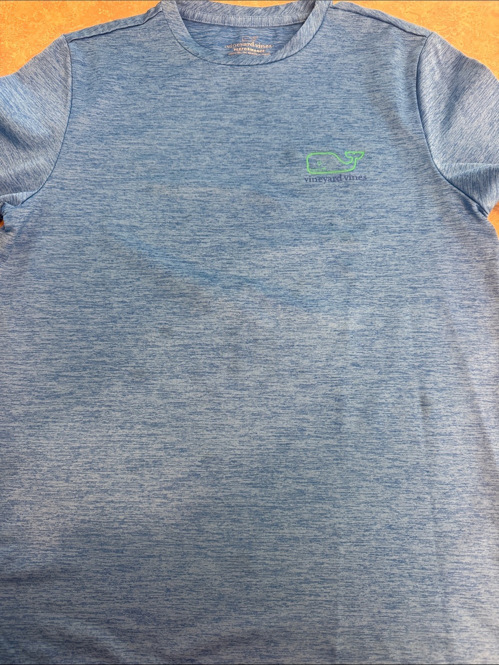 Vineyard Vines Boys' Light Blue Heather Performance Tee with Green Whale